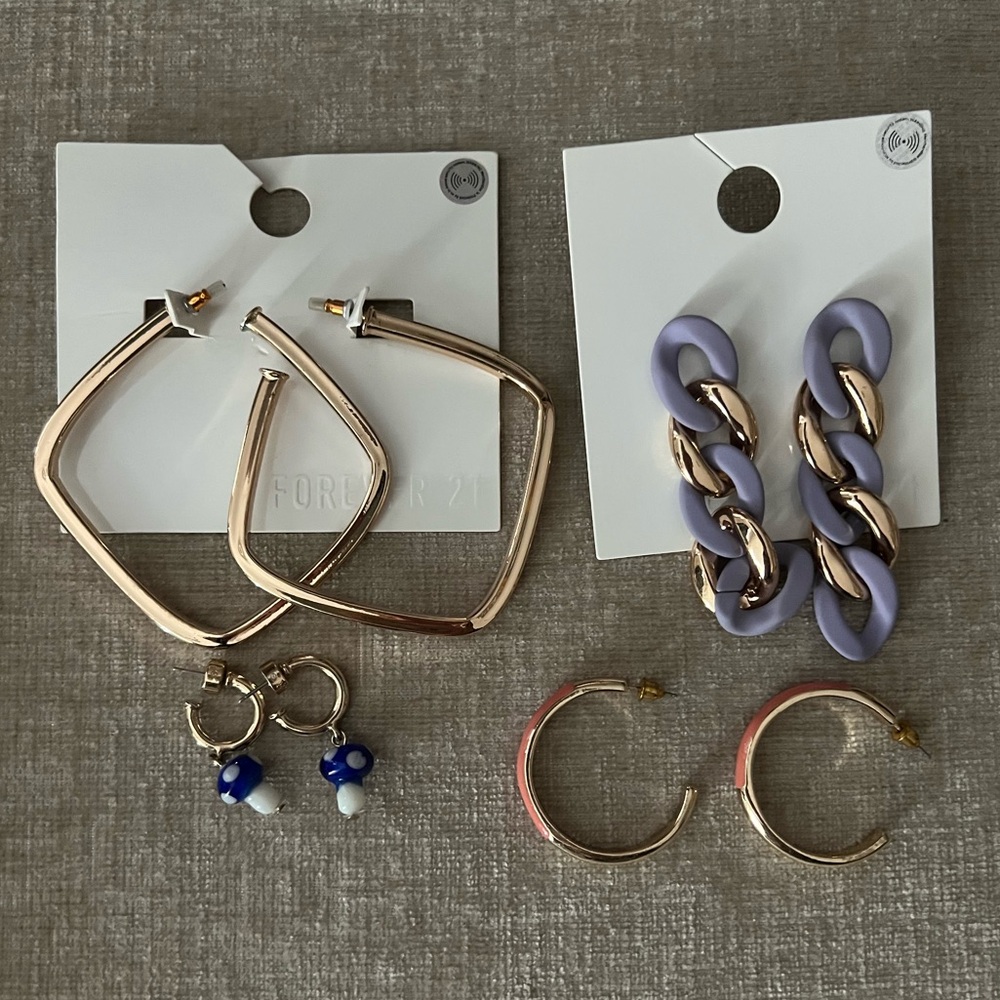 Set of 4 Earrings - Lavender Chain, Mushroom, Peach Hoops, Square Hoop Earrings